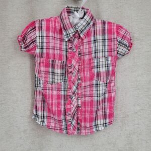 Diva Y2K Rhinestone Western Shirt Pink Black Metallic Silver Plaid Short Sleeves